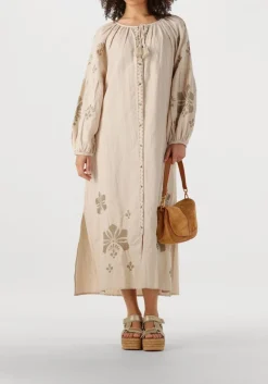 SUMMUM maxi jurk long dress linen heavy embroidery zand Sale