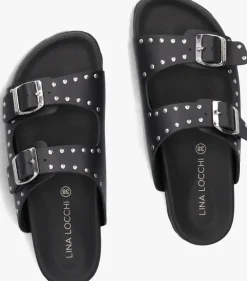 LINA LOCCHI e slippers 2 gesp slipper met studs zwart Clearance